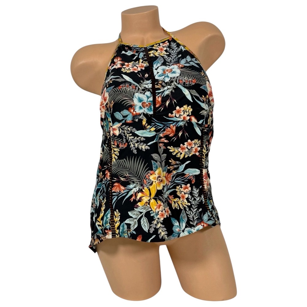 Time and Tru Womens Floral Halter Tankini Top Black‎ Yellow Tropical Large 12-14
